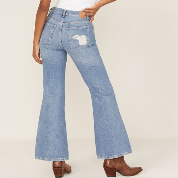 Free People New Dawn Flare Jeans Women's 30 Blue Denim Distressed High Rise Boho - Picture 2 of 11